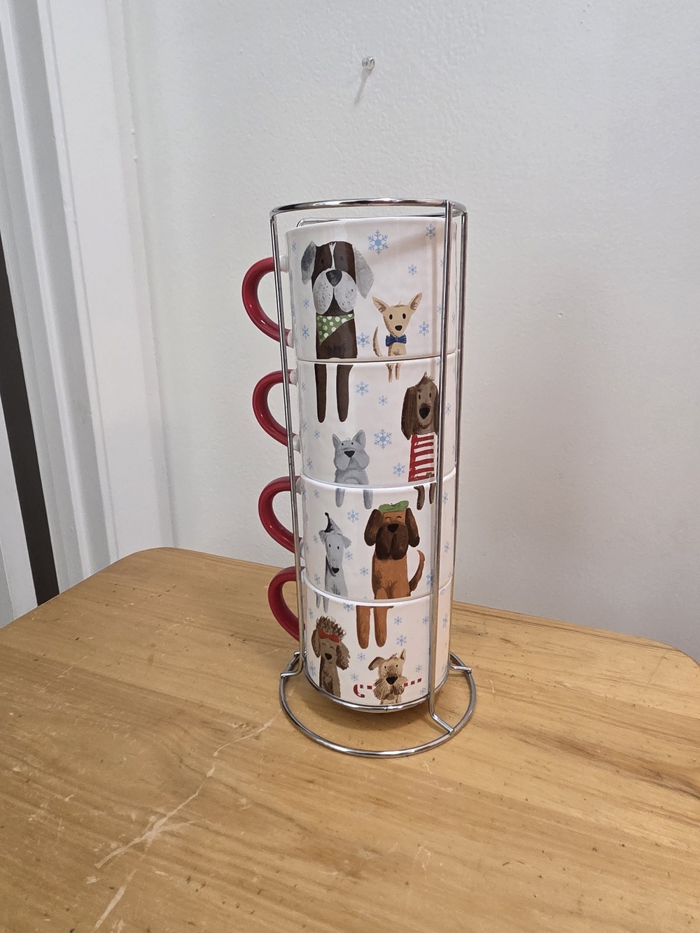 Stackable Dog Print Mug Set with Red Handles